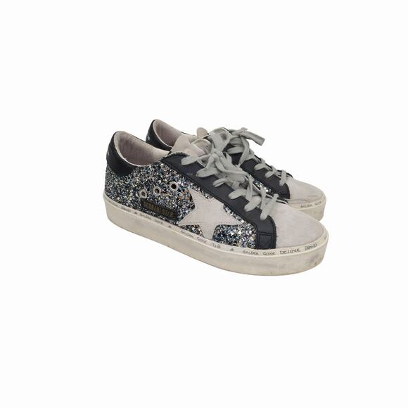 Golden Goose Glitter Suede Hi Star Lace Up Low Top Sneaker Silver Size 39 - Picture 2 of 10